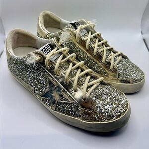 Golden Goose Super Star in Platinum and Gold Glitter with Gold Leather Size 40